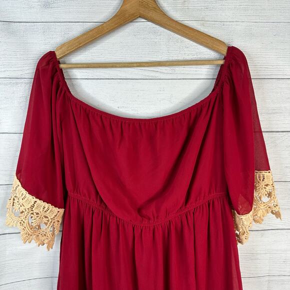 Umgee Womens size Large Lace Crochet Hem Mini Dress Red Boho Holiday - Picture 3 of 8